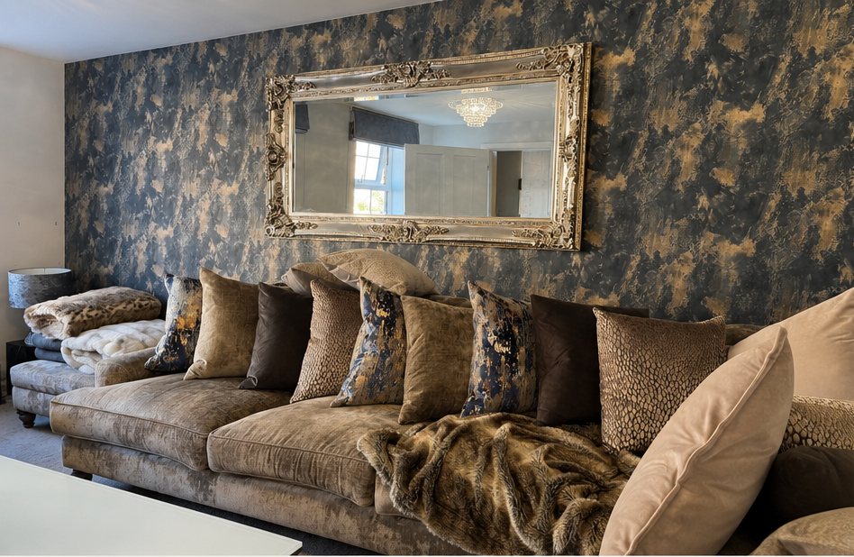 Navy and gold metallic specialist feature wall in a Leicester living room